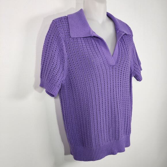 Talbots Women’s Pointelle Stitch Polo Sweater Medium Purple Open Knit Crochet - Picture 5 of 8